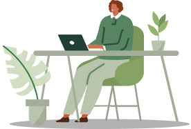 Illustration of a person working on a laptop at a desk with plants around them