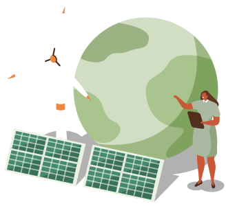 Illustration of the Earth with a wind turbine and solar panels